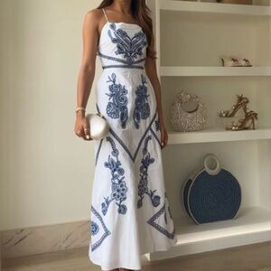 Zara White and Blue Embroidered maxi Dress